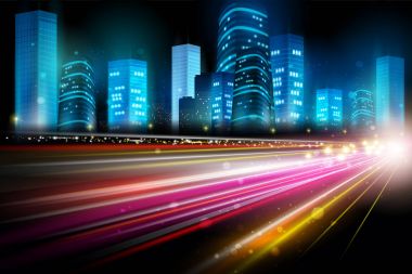Şehir gece hayatı gökdelen cityscape ile sokak