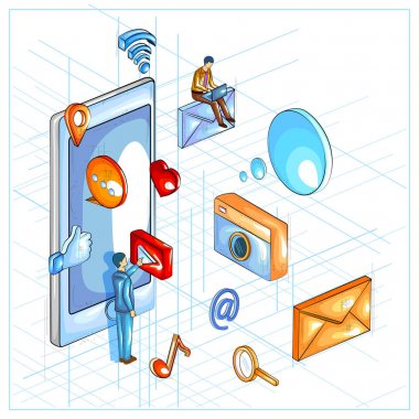 Düz stil 3d izometrik görünümü ve sosyal ağ Multimedya