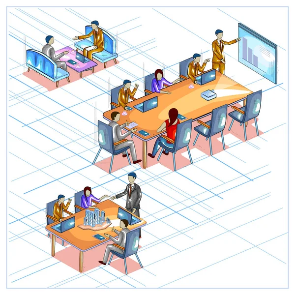 Flat style 3D Isometric view of Business meeting and conference — Stock Vector