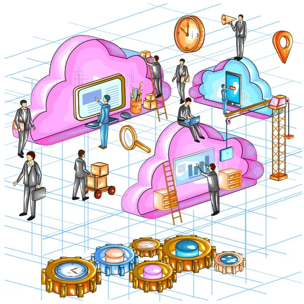 Flat style 3D Isometric view of Cloud Computing Network — Stock Vector