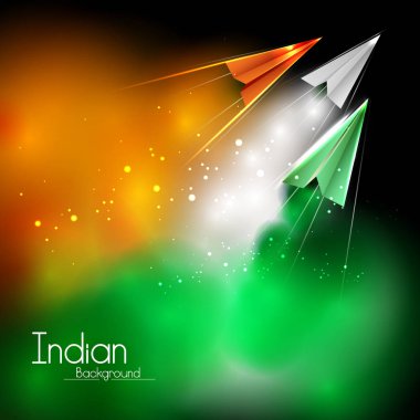 Tricolor paper plane flying on Happy Independence Day of India background clipart