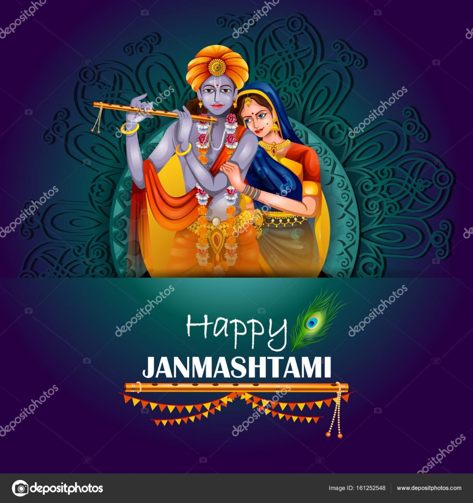 Lord Krishna and Radha on Happy Janmashtami background Stock ...