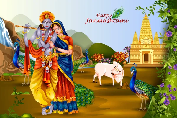 Señor Krishna y Radha en feliz fondo Janmashtami — Archivo Imágenes Vectoriales