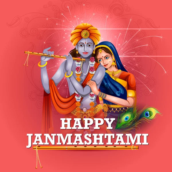 Lord Krishna and Radha on Happy Janmashtami background — Stock Vector