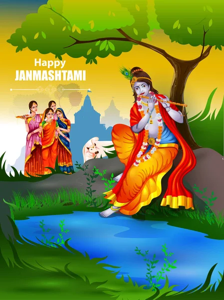 Señor Krishna y Radha en feliz fondo Janmashtami — Vector de stock