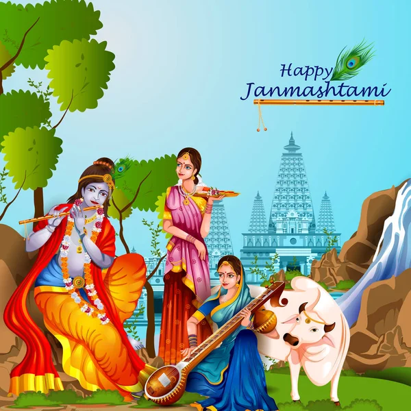 Señor Krishna y Radha en feliz fondo Janmashtami — Vector de stock