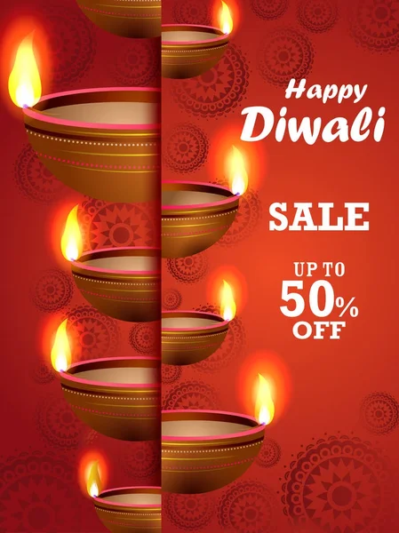 Illustration of decorated diya on Happy Diwali shopping sale offer — Stock Vector