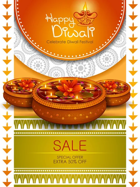 Illustration of decorated diya on Happy Diwali shopping sale offer — Stock Vector