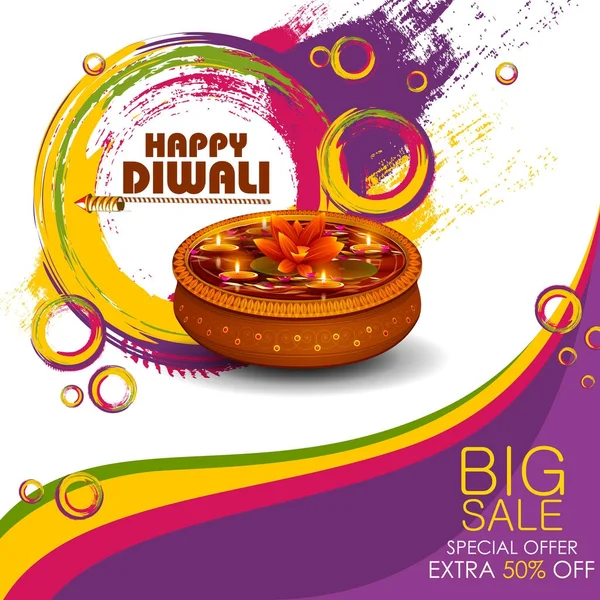 Illustration of decorated diya on Happy Diwali shopping sale offer — Stock Vector