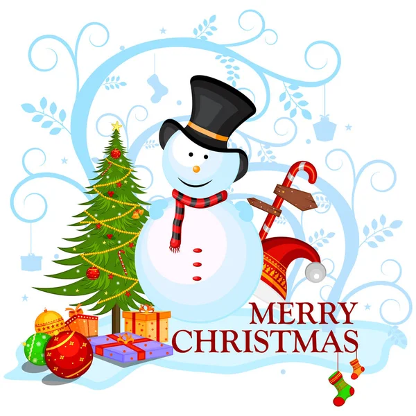 Снеговик с подарком на зимнем фоне для празднования Рождества — стоковый вектор