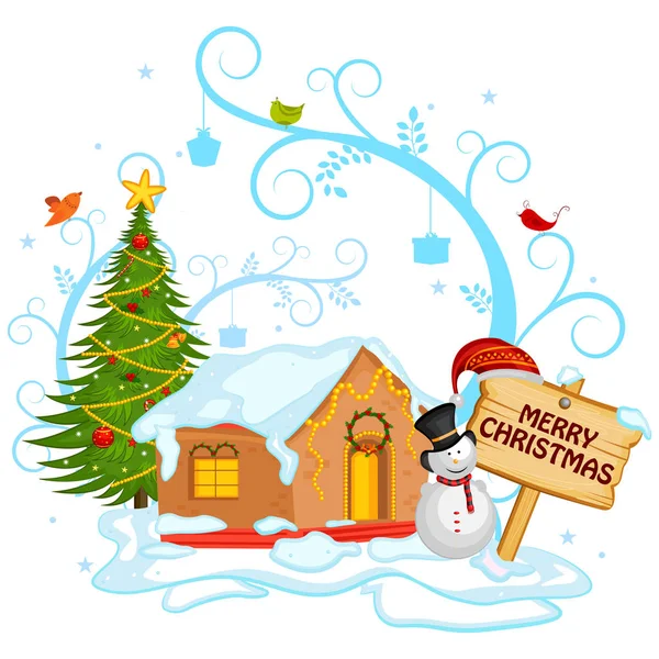 З подарунком у зимовий фон для святкування свята з Різдвом Христовим сніговика — стоковий вектор