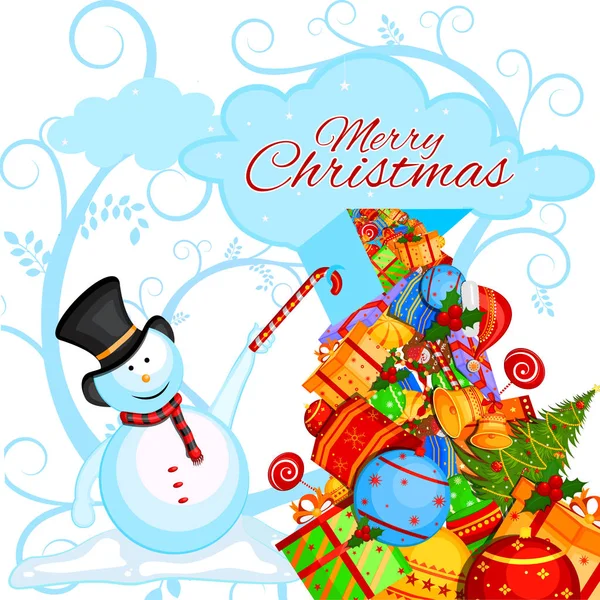 Snowman with gift in winter background for Merry Christmas holiday celebration — Stock Vector