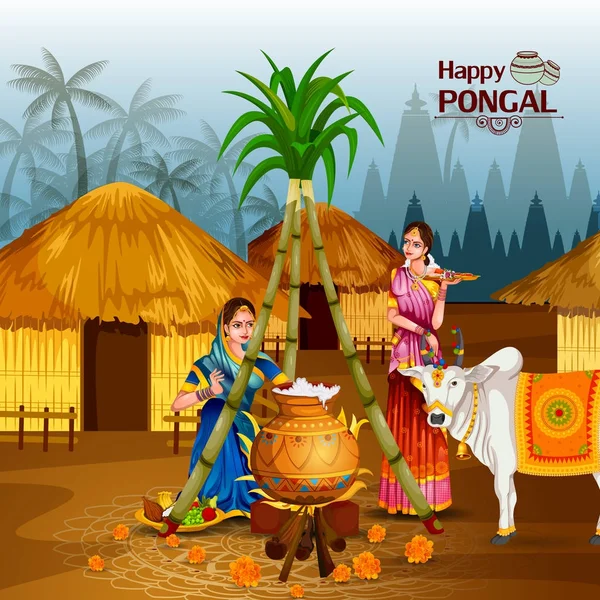 タミル・ナードゥ州の幸せなポンガル祭りインドの背景 — ストックベクタ