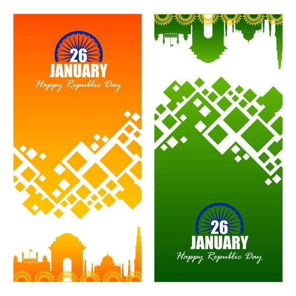 Happy Ημέρα της Δημοκρατίας της Ινδίας τρίχρωμος διάσημο μνημείο υπόβαθρο για 26 Ιανουαρίου — Διανυσματικό Αρχείο