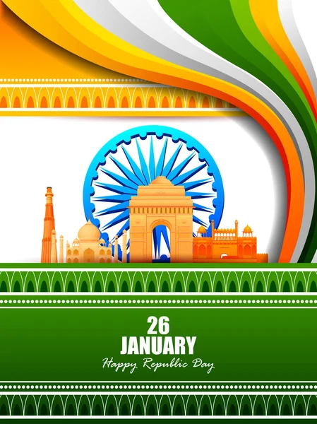 Happy Republic Day of India tricolore célèbre fond de monument pour 26 Janvier — Image vectorielle