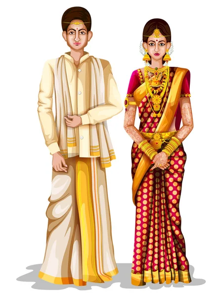 Andhrait pareja de boda en traje tradicional de Andhra Pradesh, India — Archivo Imágenes Vectoriales