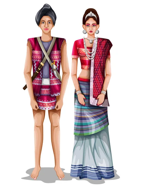 印度阿鲁纳恰尔邦传统服饰中的 Arunachali 婚礼情侣 — 图库矢量图片