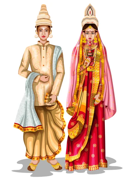 Bengali wedding couple in traditional costume of West Bengal, India — Stock Vector