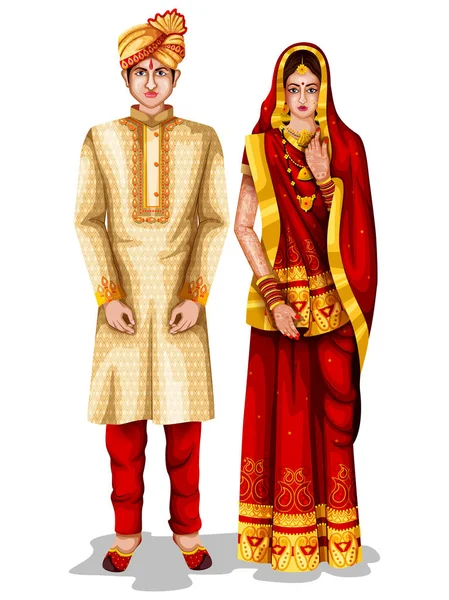 Bihari couple de mariage en costume traditionnel de Bihar, Inde — Image vectorielle