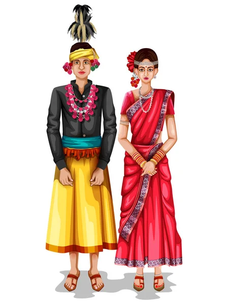 Casal de casamento Chhattisgarhi em traje tradicional de Chhattisgarh, Índia — Vetor de Stock