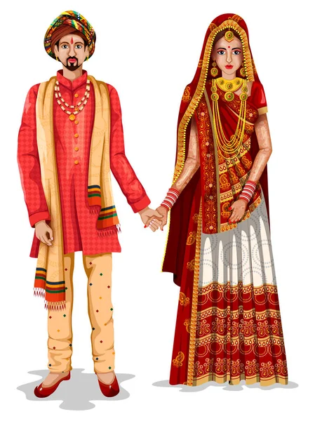 Couple de mariage gujaratii en costume traditionnel du Gujarat, Inde — Image vectorielle