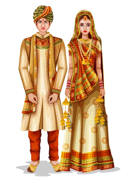 Haryanvi wedding couple in traditional costume of Haryana, India — Stock Vector