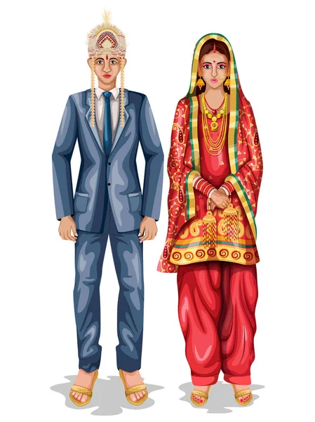 Himachali svatební pár v tradičních lidových krojích Himachal Pradesh, Indie — Stockový vektor