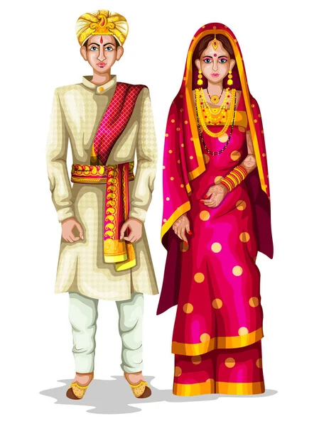 Karnatakan svatební pár v tradičních lidových krojích Karnataka, Indie — Stockový vektor
