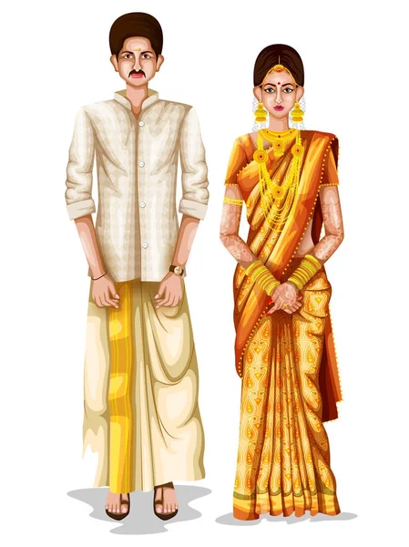 Cuplu de nunta Keralite in costum traditional din Kerala, India — Vector de stoc