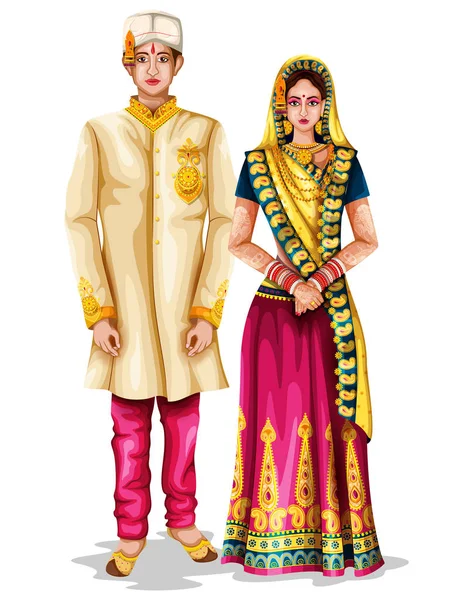 Madhya Pradeshi bruidspaar in traditionele klederdracht van Madhya Pradesh, India — Stockvector