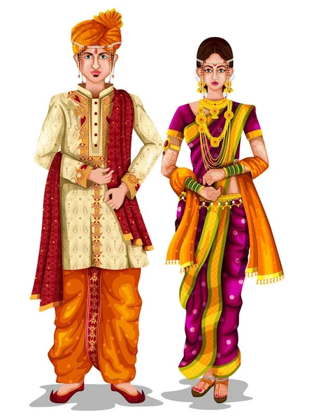 Maharashtrian svatební pár v tradičních lidových krojích Maharashtra, Indie — Stockový vektor