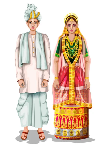 Manipuri wedding couple in traditional costume of Manipur, India — Stock Vector