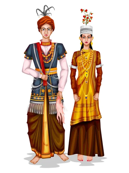 Pasangan pengantin Meghalayan dengan kostum tradisional Meghalaya, India - Stok Vektor