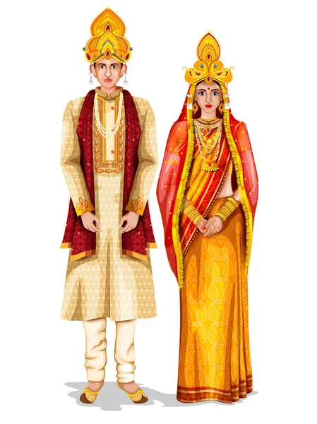 Casal de casamento Odia em traje tradicional de Orissa, Índia —  Vetores de Stock