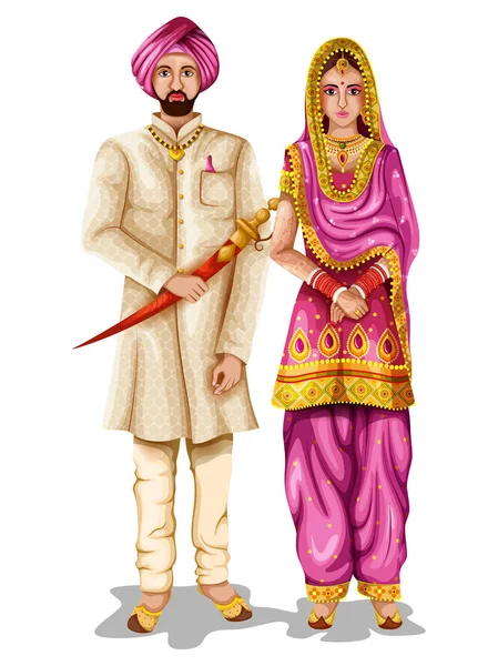 stock vector Punjabi wedding couple in traditional costume of Punjab, India