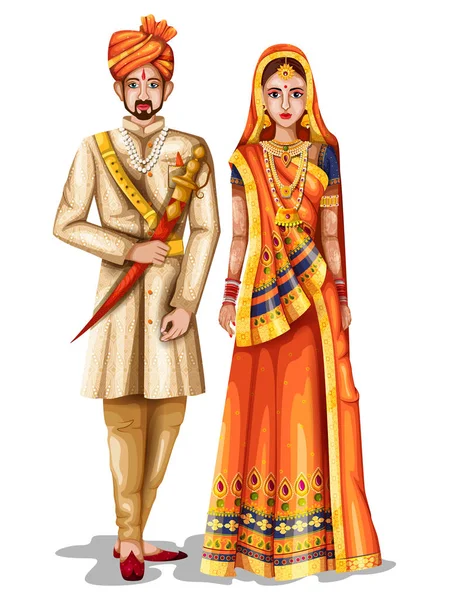 Rajasthani pasangan pengantin dalam kostum tradisional Rajasthan, India - Stok Vektor