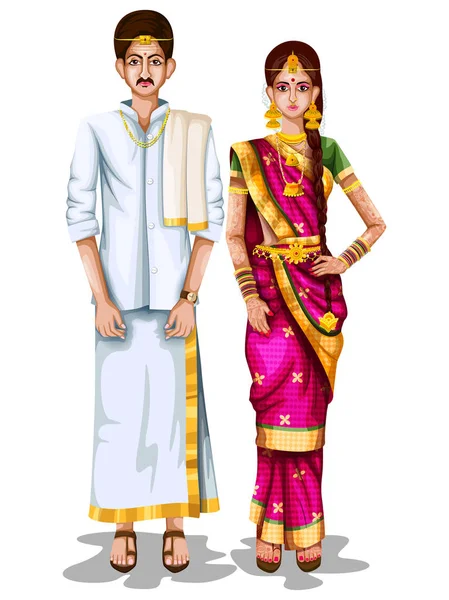 Tamilská svatební pár v tradičních lidových krojích Tamil Nadu, Indie — Stockový vektor