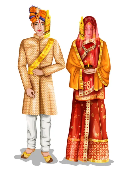 Uttarpradeshi bruidspaar in traditionele klederdracht van Uttar Pradesh, India — Stockvector