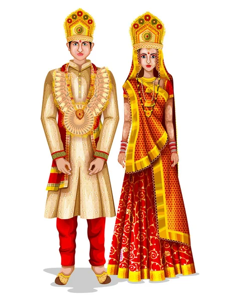 Uttaranchali wedding couple in traditional costume of Uttaranchal, India — Stock Vector