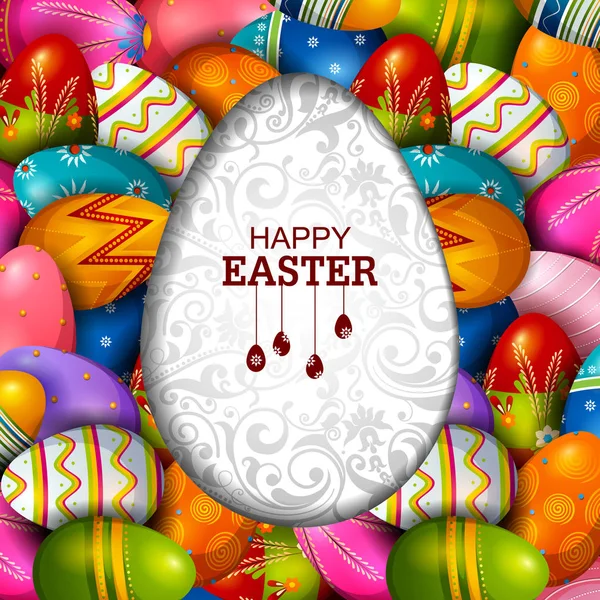 Colorido huevo pintado Feliz Pascua saludo fondo — Vector de stock