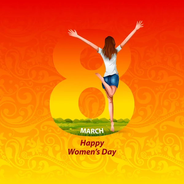 Mooie vrouw voor Happy International Womens Day groeten achtergrond — Stockvector