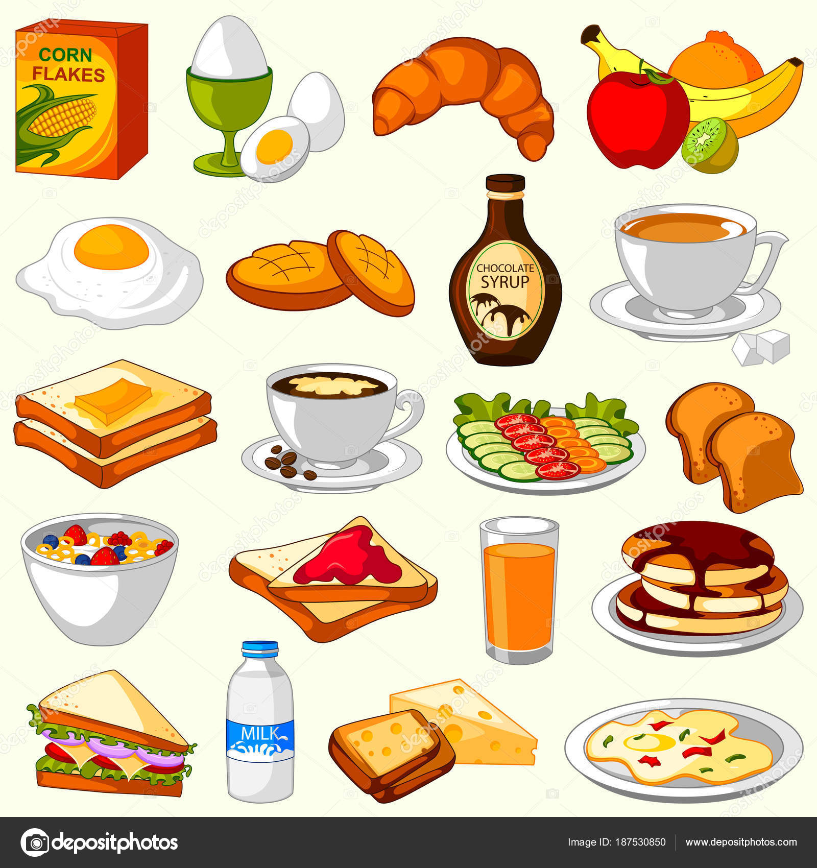 Different variety of Breakfast food item menu Stock Illustration by