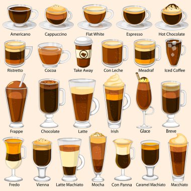 Different variety of coffee beverage drink clipart