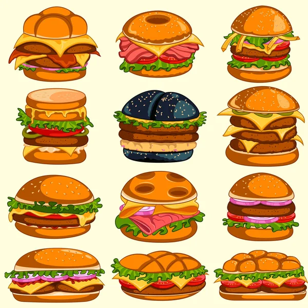Verschiedene Varianten von leckeren Burgern — Stockvektor