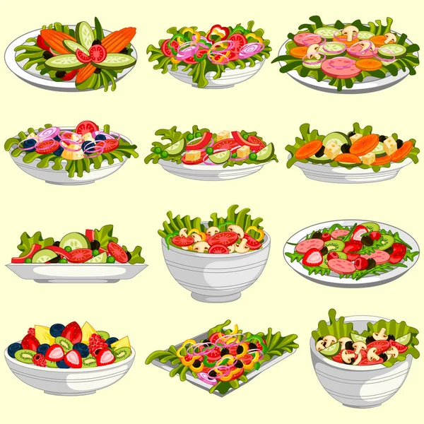 Farklı çeşitli taze ve sağlıklı salata — Stok Vektör