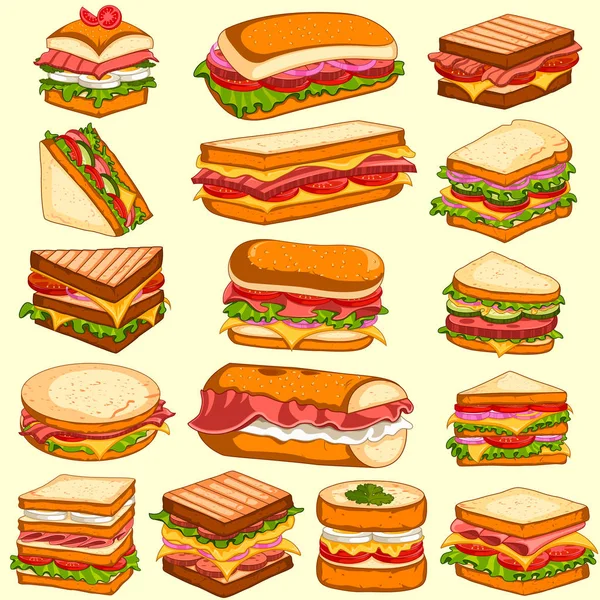 Different variety of fresh and tasty Sandwiches and Burgers — Stock Vector