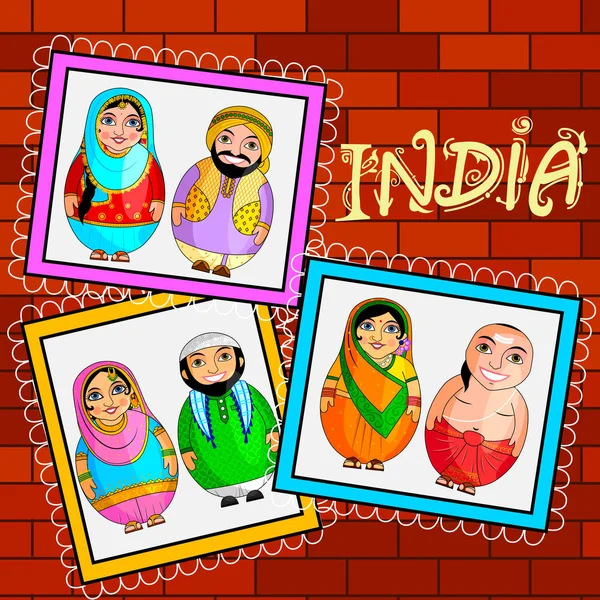Kapslade docka indiska par som representerar mångskiftande kultur från olika stater — Stock vektor