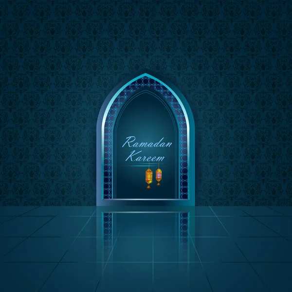 रमजान केरेमसाठी इस्लामिक डिझाइन मशिदीचा दरवाजा आणि विंडो ईद उत्सव पार्श्वभूमी — स्टॉक व्हेक्टर