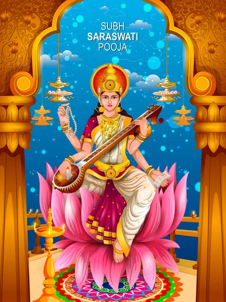 Ilustração da Deusa Saraswati para Vasant Panchami Puja da Índia — Vetor de Stock