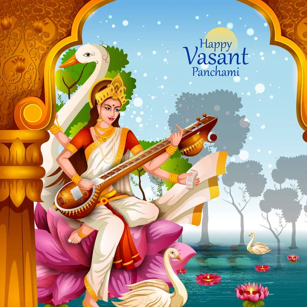 Illustration of Goddess Saraswati for Vasant Panchami Puja of India — ストックベクタ